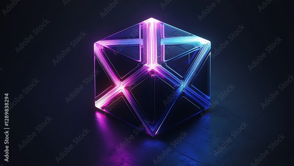 3D render of a minimalistic logo, a glowing cube with an X-shaped design, in purple and blue colors on a black background, in an isometric view. 3D render of a minimalistic logo, a glowing cube with an X-shaped design, in purple and blue colors on a black background, in an isometric view.