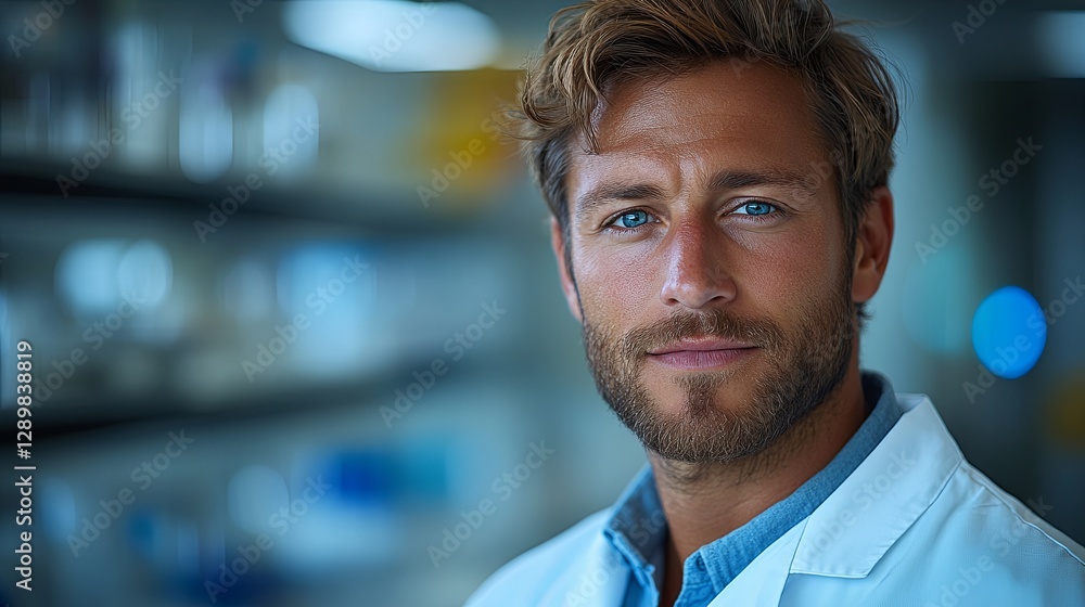 Fototapeta premium Focused male scientist in lab coat embodies dedication to scientific discovery.