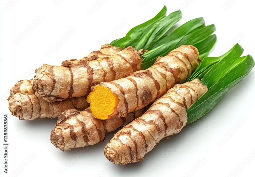 Fresh turmeric roots with green leaves showcasing their vibrant orange-yellow interior, perfect for culinary and health applications, displayed on a white background Fresh turmeric roots with green leaves showcasing their vibrant orange-yellow interior, perfect for culinary and health applications, displayed on a white background