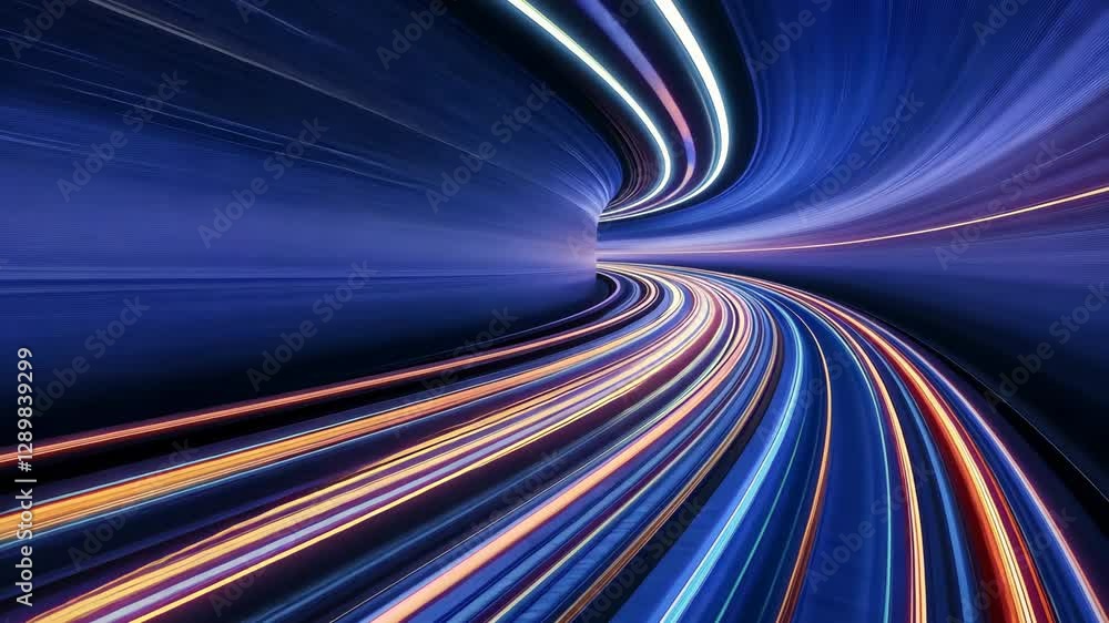 Dynamic Abstract VDO of Colorful Light Trails Creating Tunnel Effect, Suggesting Speed and Motion with Vibrant Streaks of Blue, Orange, and White for Futuristic and Energetic Atmosphere Dynamic Abstract VDO of Colorful Light Trails Creating Tunnel Effect, Suggesting Speed and Motion with Vibrant Streaks of Blue, Orange, and White for Futuristic and Energetic Atmosphere