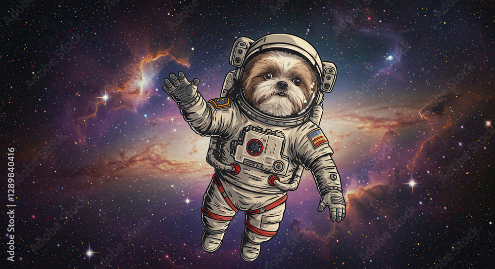 Fototapeta premium Astronaut Dog Floating in Colorful Space Cartoon Illustration
