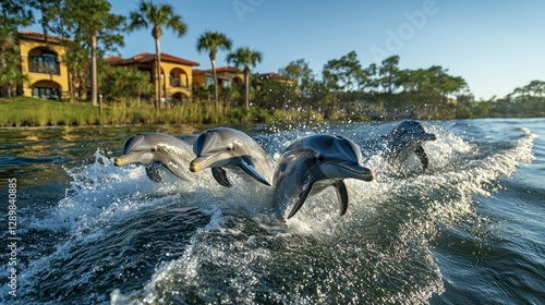 Dolphins jumping in canal near luxury homes photo