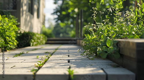 Sunlit Pathway with Lush Greenery and Wooden Steps