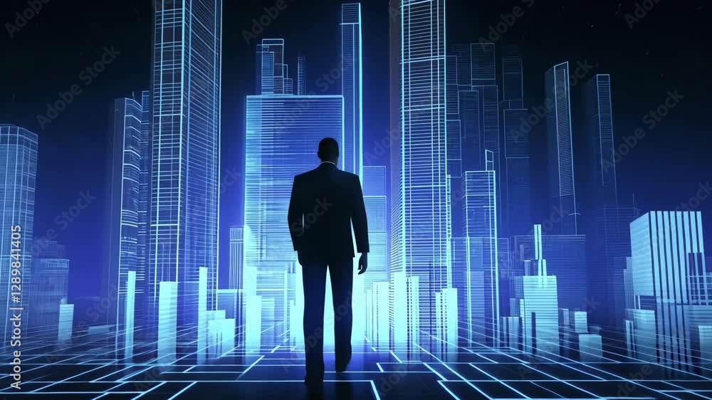 Silhouetted Man in Suit Explores Futuristic Digital Cityscape with Blue Neon Lights, Symbolizing Technology, Innovation, and Urban Exploration in Glowing Grid Like Environment Silhouetted Man in Suit Explores Futuristic Digital Cityscape with Blue Neon Lights, Symbolizing Technology, Innovation, and Urban Exploration in Glowing Grid Like Environment
