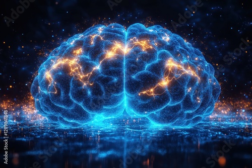 Detailed Digital Illustration of Human Brain with Neural Pathways and Ethereal Blue Lighting