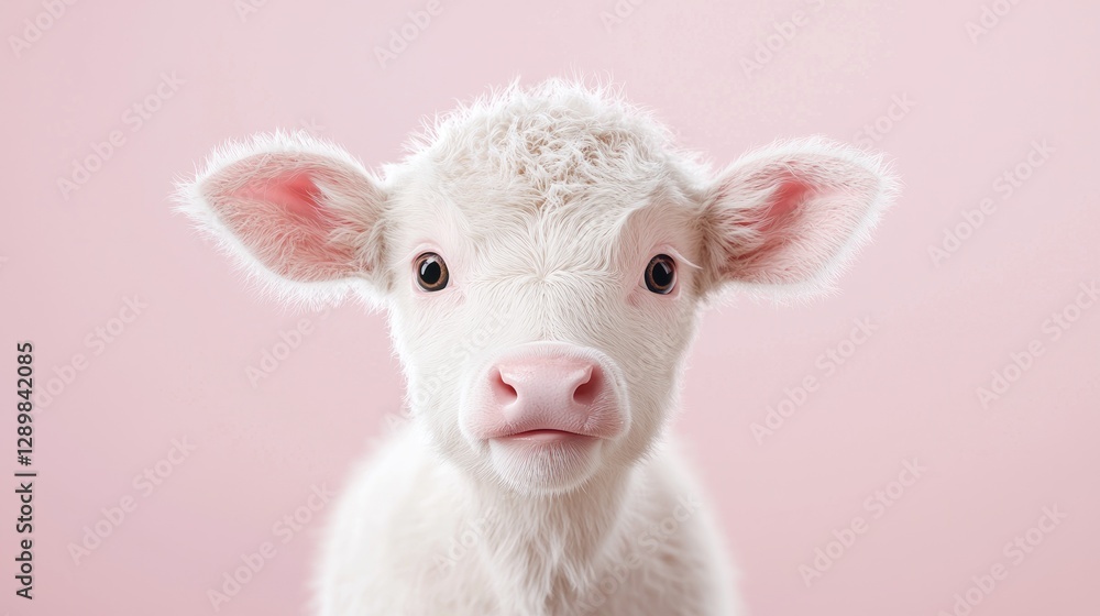 Cute white calf portrait, pink background, farm animal, adorable Cute white calf portrait, pink background, farm animal, adorable