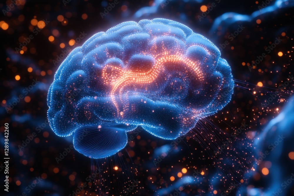 Naklejka premium Detailed Human Brain Illustration with Neon Pathways Anatomy and Spotlight Effects