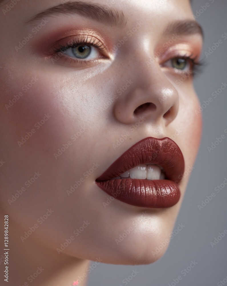 Naklejka premium Stunning Close-Up of a Woman’s Face with Bold Makeup and Radiant Skin
