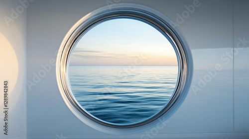 A luxurious yacht porthole showcases a peaceful view of calm ocean waters, framed by pristine white, offering a moment of tranquility at sea.