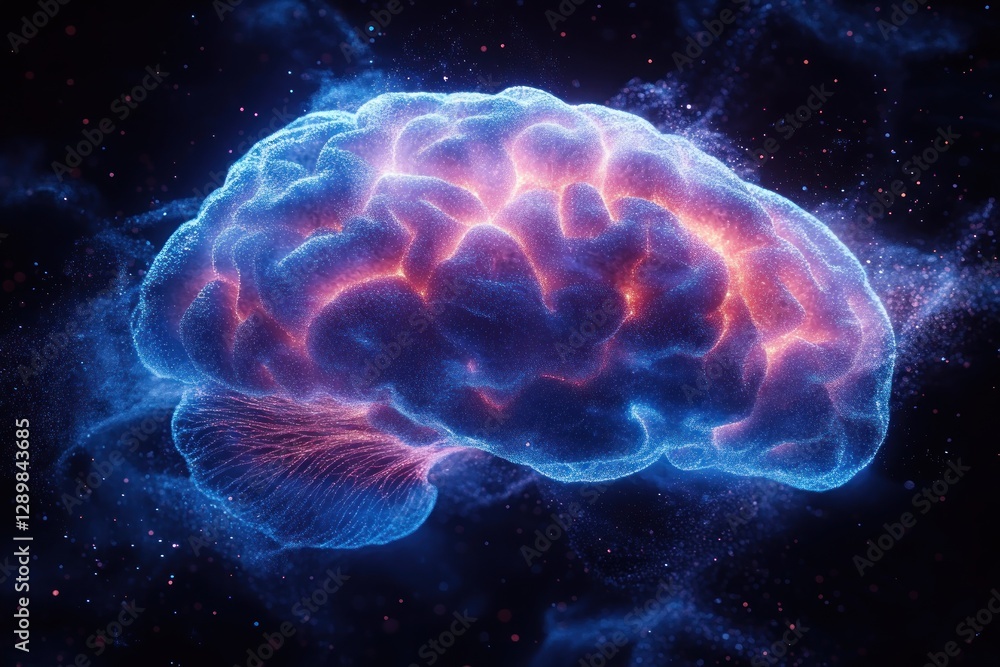 3D Rendering of a Human Brain with Neon Blue Glow and Dark Background Medical and Neuroscience Illustration 3D Rendering of a Human Brain with Neon Blue Glow and Dark Background Medical and Neuroscience Illustration
