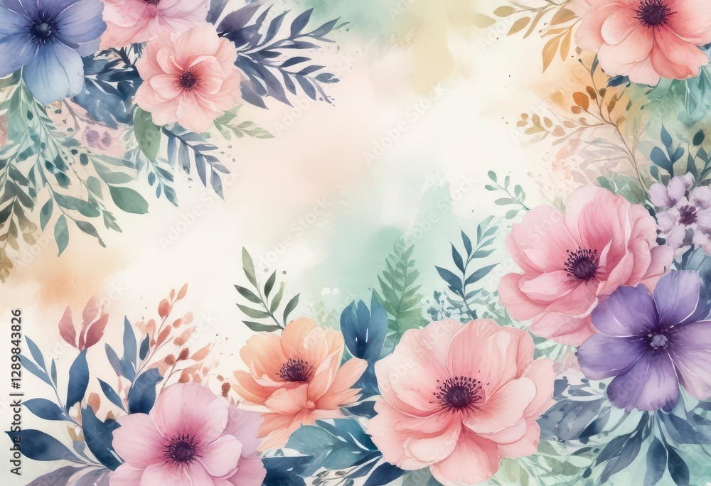Obraz premium Watercolor background with abstract floral patterns and pastel colors, business card template, creative templates