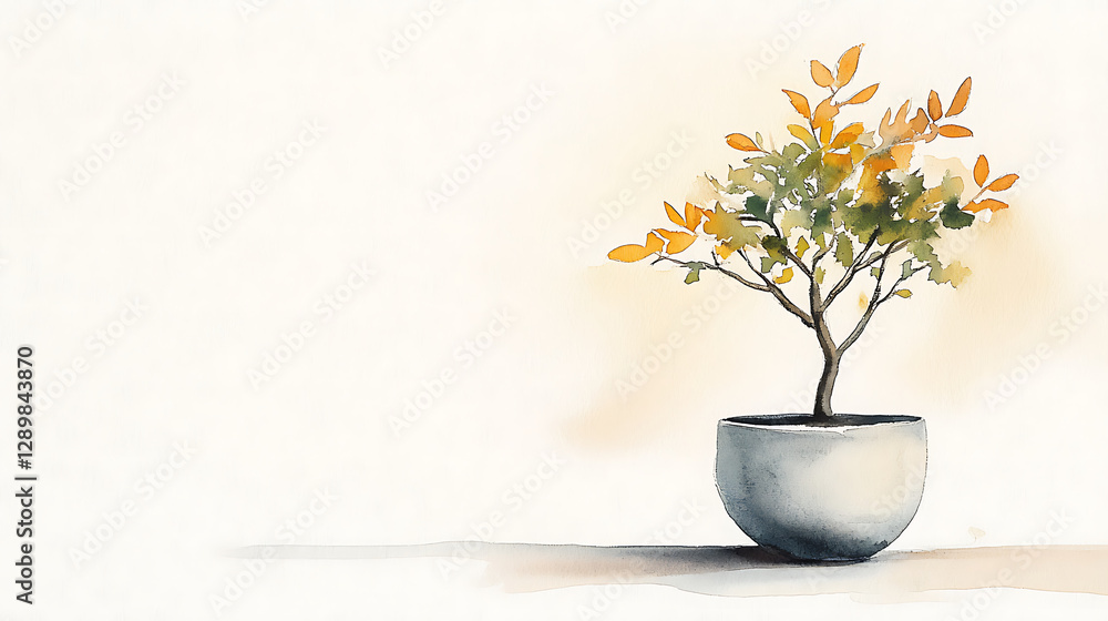 calm watercolor painting of bonsai tree in pot, expressing quiet beauty of nature with delicate leaves and graceful branches calm watercolor painting of bonsai tree in pot, expressing quiet beauty of nature with delicate leaves and graceful branches