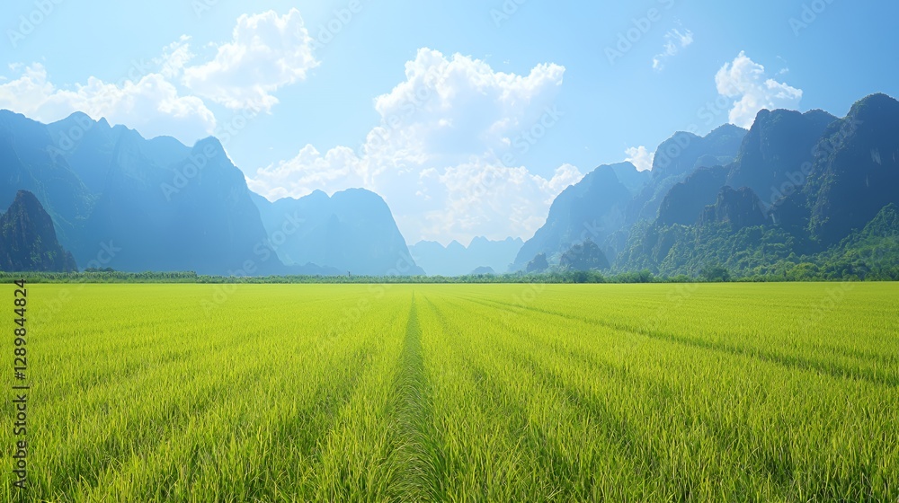 Fototapeta premium Vibrant Green Rice Paddy Field with Blue Mountains Under a Sunny Sky