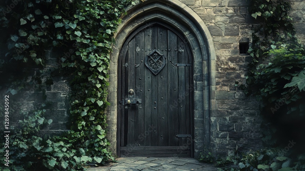A Dark Wooden Door in a Stone Wall and Foliage Setting A Dark Wooden Door in a Stone Wall and Foliage Setting