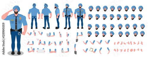 
Police Officer Character Design Model Sheet. Man, Character design. Front, side, back view and explainer animation poses. Character set with lip sync and Walk cycle animation sequences.
