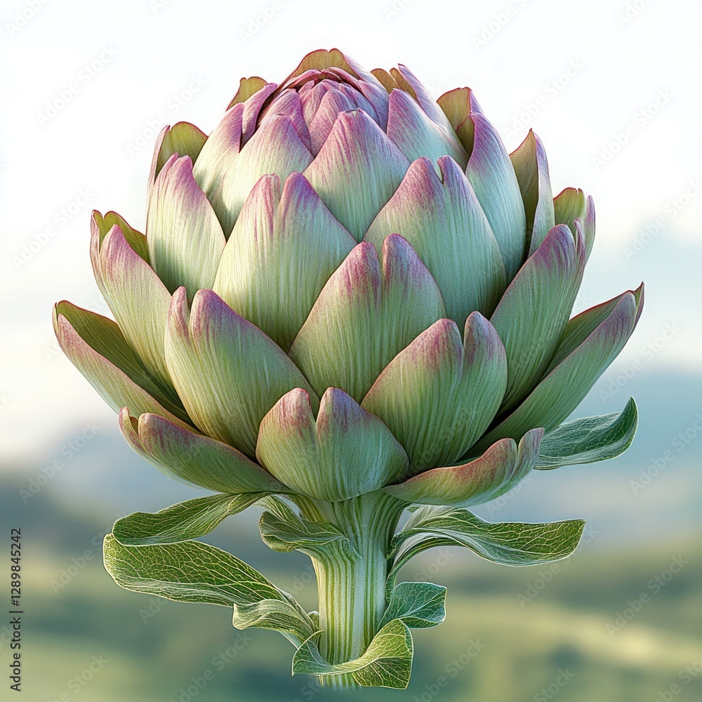 Hyper-realistic depiction of a purple artichoke with intricate details and soft natural light on a gradient background Hyper-realistic depiction of a purple artichoke with intricate details and soft natural light on a gradient background