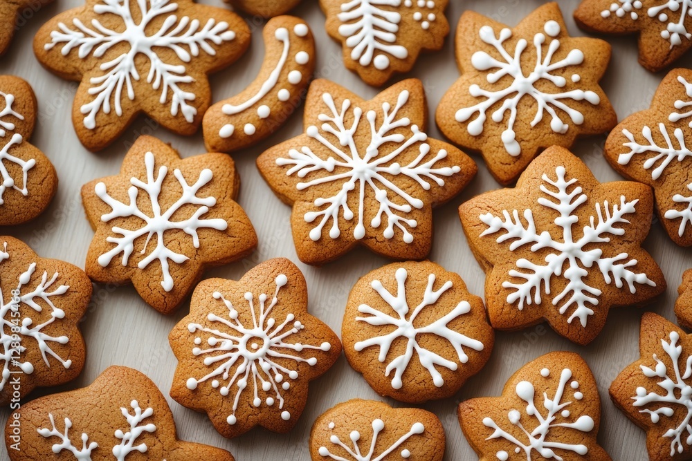 Gingerbread Cookies with Icing on White Planks for Christmas Holiday Celebration Gingerbread Cookies with Icing on White Planks for Christmas Holiday Celebration