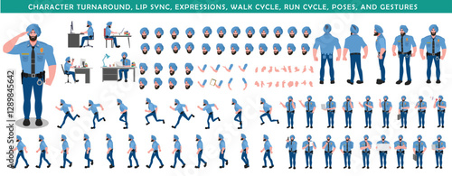 
Police Officer Character Design Model Sheet. Man, Character design. Front, side, back view and explainer animation poses. Character set with lip sync and Walk cycle animation sequences.
