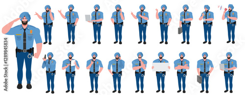 
Police Officer Character Design Model Sheet. Man, Character design. Front, side, back view and explainer animation poses. Character set with lip sync and Walk cycle animation sequences.
