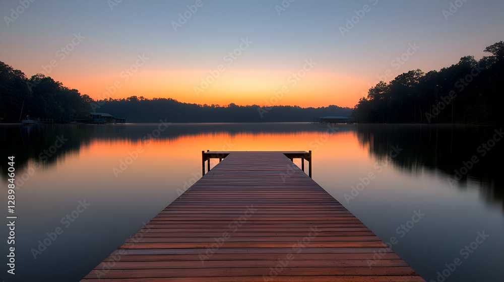Serene Sunrise over Calm Lake with Wooden Dock Serene Sunrise over Calm Lake with Wooden Dock