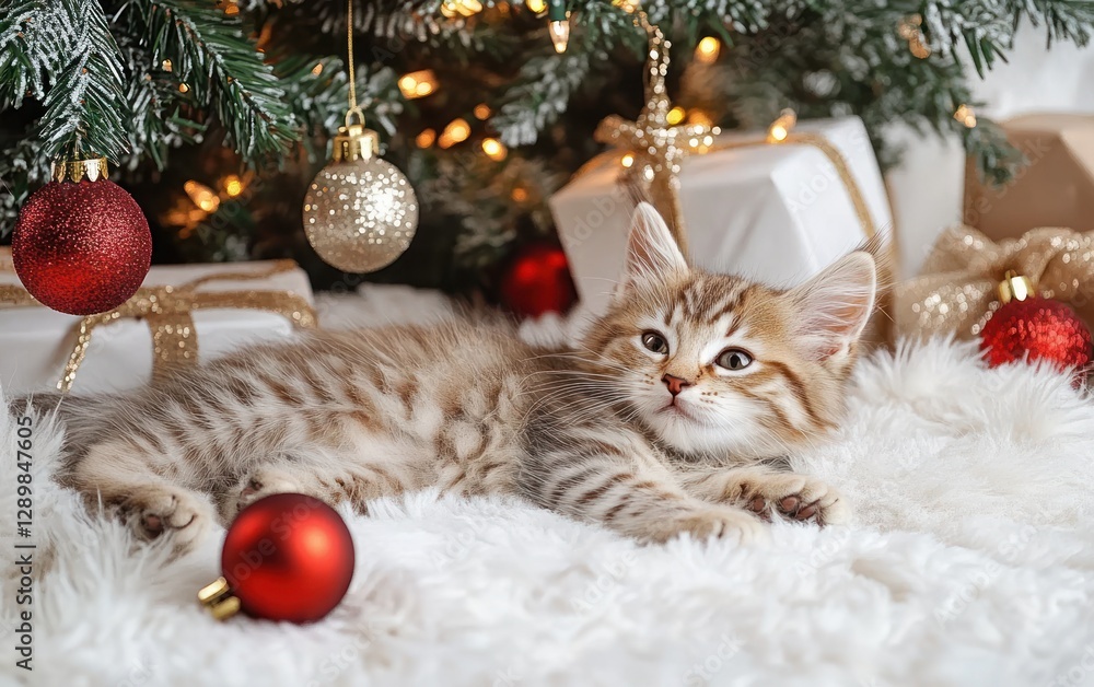 Playful Kitten Knocks Down Christmas Tree Decorations Playful Kitten Knocks Down Christmas Tree Decorations
