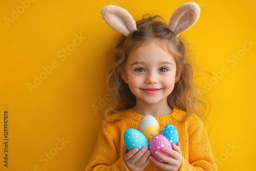 African girl in orange dress with bunny ears holding Easter eggs on vibrant yellow background