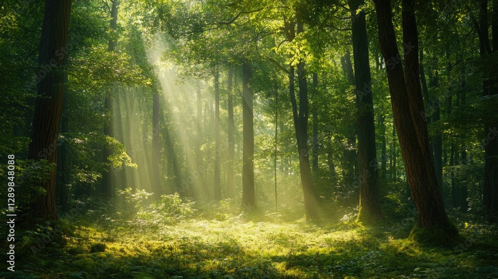 Obraz premium A peaceful and serene forest clearing, reflecting spiritual tranquility, with sunlight streaming through the trees in a quiet, reflective environment.