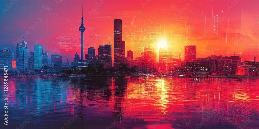 Fototapeta premium Vibrant cityscape reflects in water during sunset or sunrise