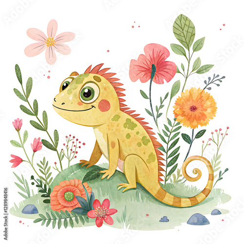 a happy cute iguana floral watercolor illustration vector art isolated white background, abstract vibrant pastel yellow color  photo