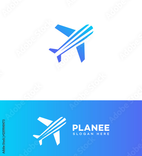 Modern gradient blue airplane logo design with parallel lines, suitable for travel agencies, airlines, or logistics companies, presented on white and blue backgrounds.