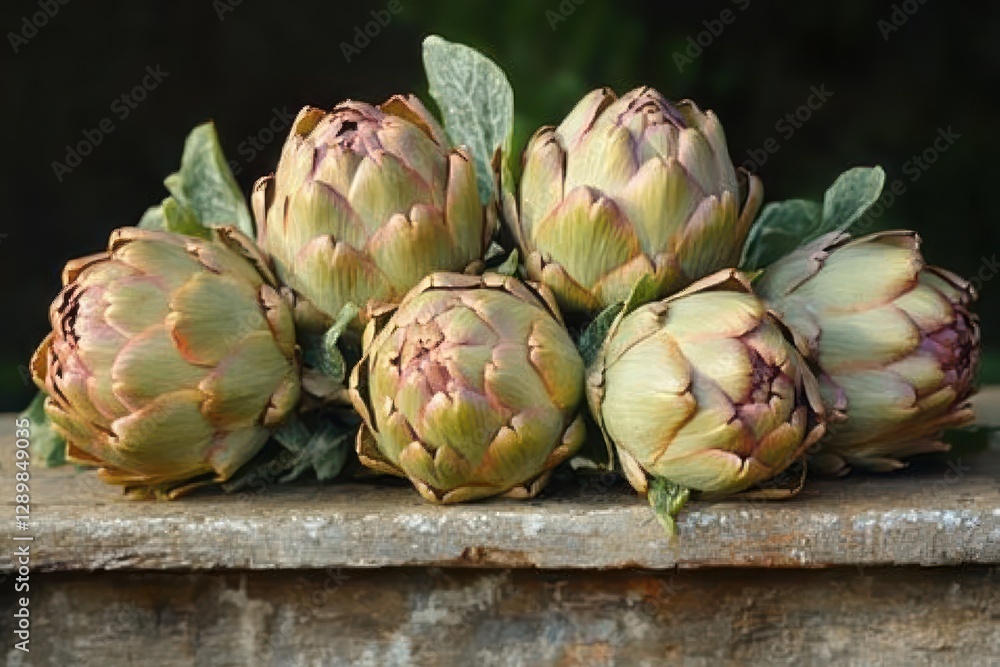 Obraz premium Artichokes Close Up on Rustic Wooden Surface with Natural Lighting and Textures