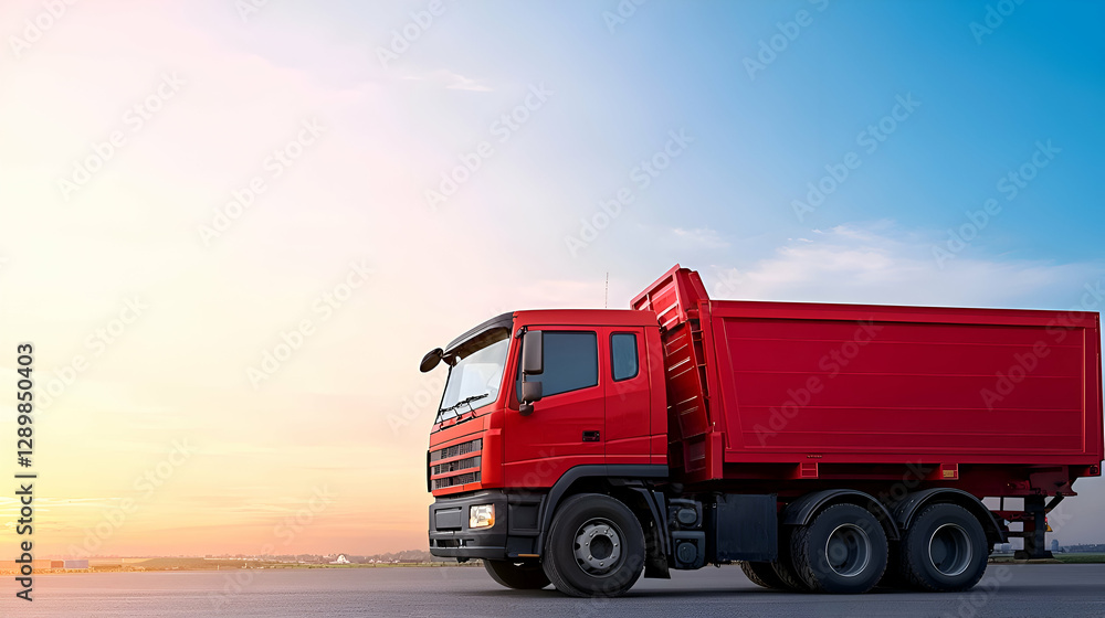 Fototapeta premium Red Dump Truck at Sunset on Asphalt Road