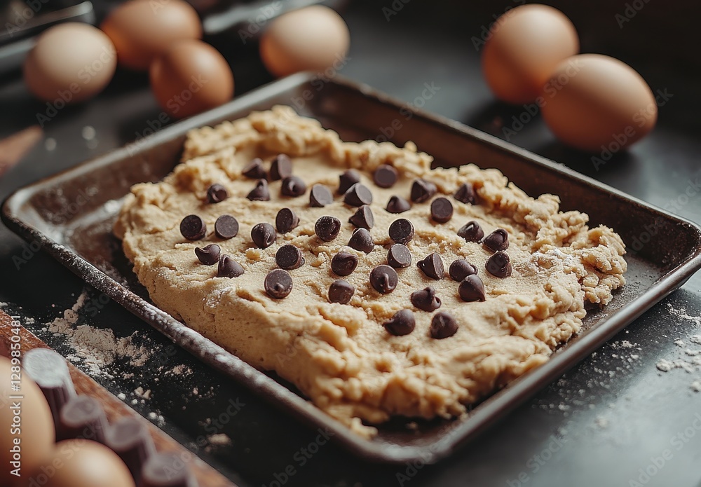 Freshly Made Cookie Dough with Chocolate Chips and Eggs on Rustic Table Surrounded by Baking Ingredients and Tools Freshly Made Cookie Dough with Chocolate Chips and Eggs on Rustic Table Surrounded by Baking Ingredients and Tools