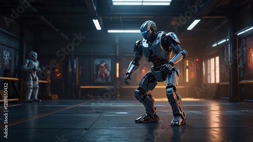 A humanoid combat robot practicing martial arts in a high-tech dojo, ultra-fluid motion, glowing cybernetic joints, futuristic energy field as a training partner, cinematic slow-motion action