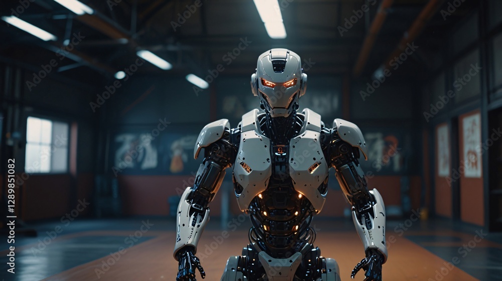 A humanoid combat robot practicing martial arts in a high-tech dojo, ultra-fluid motion, glowing cybernetic joints, futuristic energy field as a training partner, cinematic slow-motion action A humanoid combat robot practicing martial arts in a high-tech dojo, ultra-fluid motion, glowing cybernetic joints, futuristic energy field as a training partner, cinematic slow-motion action