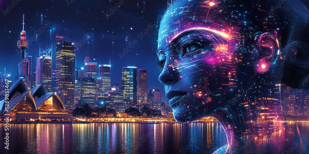 Obraz premium Digital woman overlooks the cityscape of a futuristic sydney
