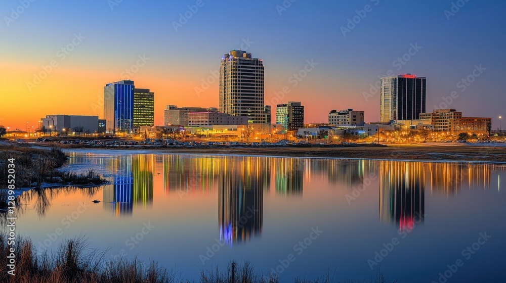 Vibrant City Skyline with Fireworks Reflection at Dusk Vibrant City Skyline with Fireworks Reflection at Dusk