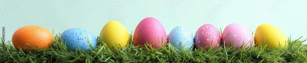 Fototapeta premium Vibrant Easter Scene with Colorful Painted Eggs in Grass for Spring Celebration