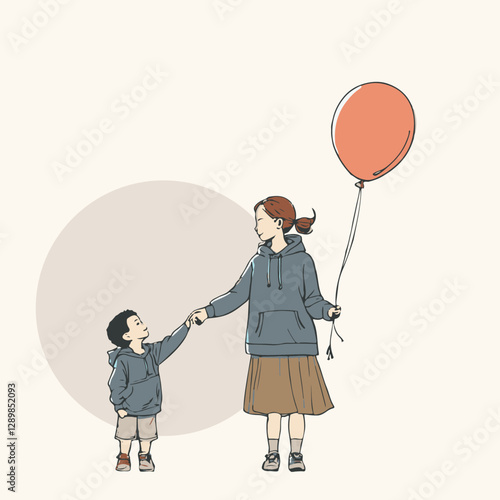 An illustration of a mother and child standing side by side holding balloons.