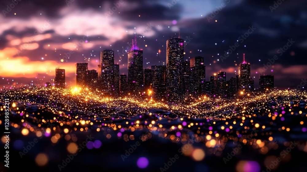 Fototapeta premium Mesmerizing cityscape at dusk with glowing skyscrapers and vibrant lights reflecting on the city streets The urban landscape is illuminated in a magical ethereal glow creating a stunning