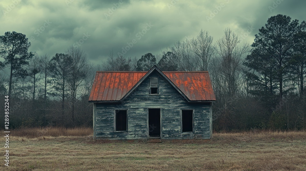 Abandoned Farmhouse in a Rural Landscape Under a Stormy Sky Abandoned Farmhouse in a Rural Landscape Under a Stormy Sky