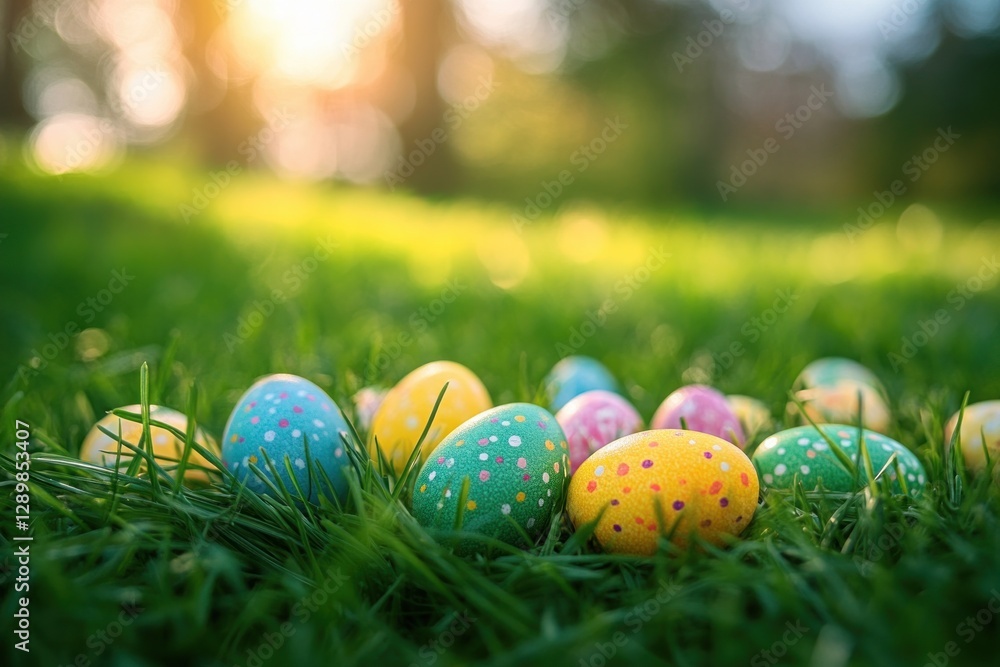 Easter egg hunt with colorful painted Easter eggs hidden in lush green grass under soft sunlight Easter egg hunt with colorful painted Easter eggs hidden in lush green grass under soft sunlight