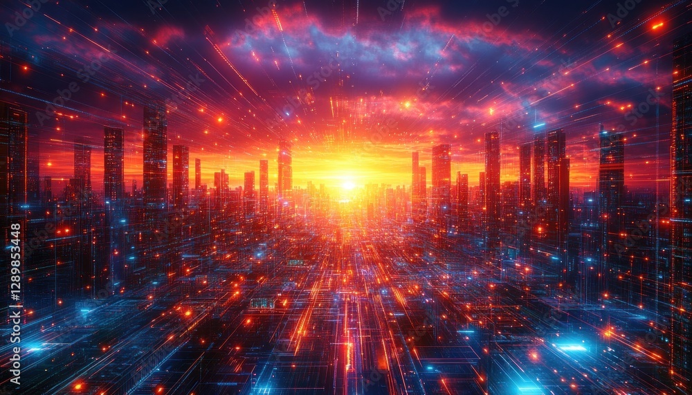 Obraz premium Futuristic Cityscape with Neon Lights and Circuit Patterns at Dusk