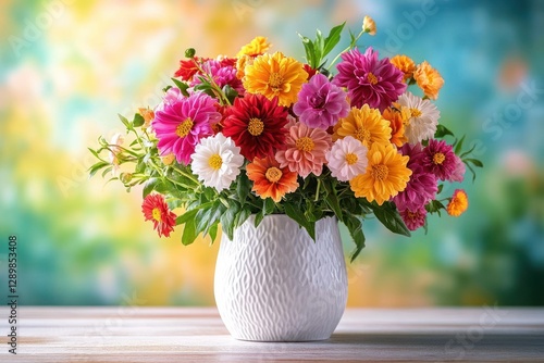 Wallpaper Mural Colorful Autumn Flower Bouquet in Textured Vase on Wooden Table with Dahlia and Chrysanthemum Torontodigital.ca