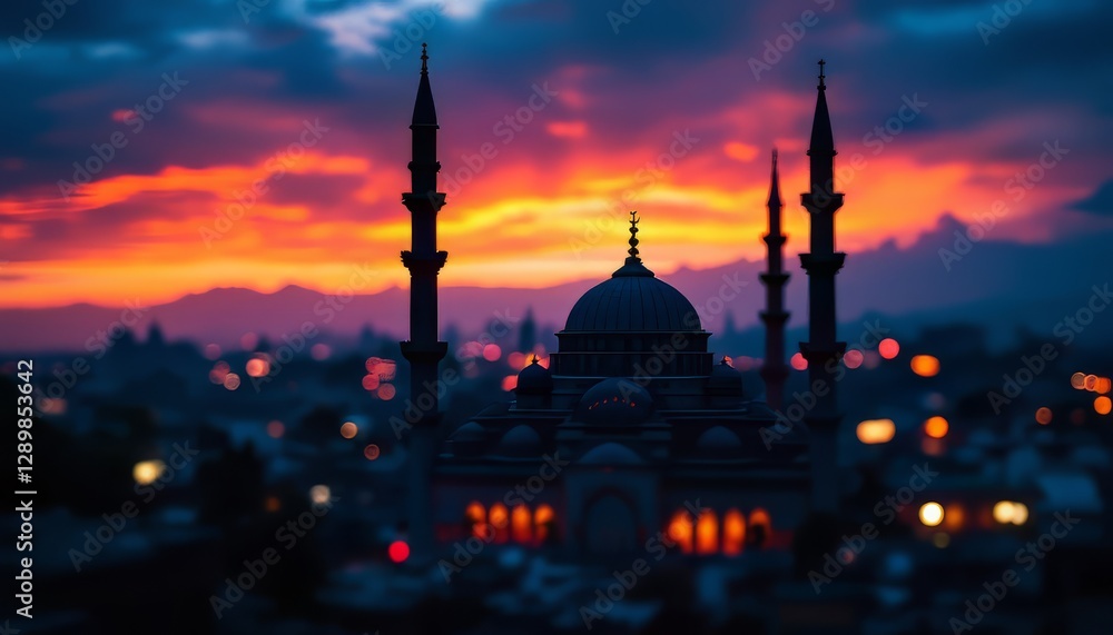 Obraz premium A majestic mosque silhouetted against a vibrant sunset over a city, perfect for travel or religious themed projects.