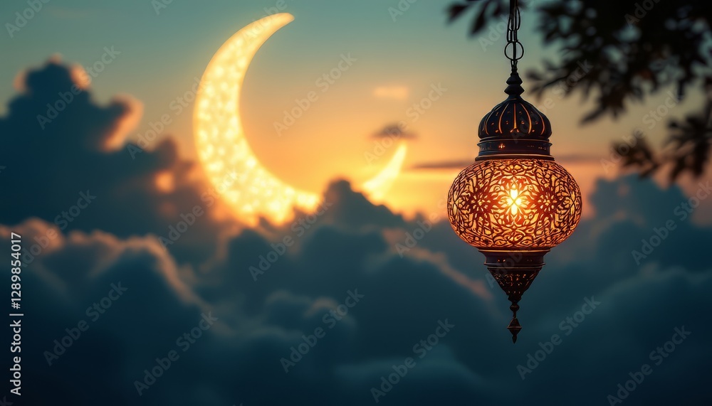 A lit Ramadan lantern hangs against a sunset backdrop featuring a crescent moon and clouds Perfect for greeting cards and holiday designs. A lit Ramadan lantern hangs against a sunset backdrop featuring a crescent moon and clouds Perfect for greeting cards and holiday designs.