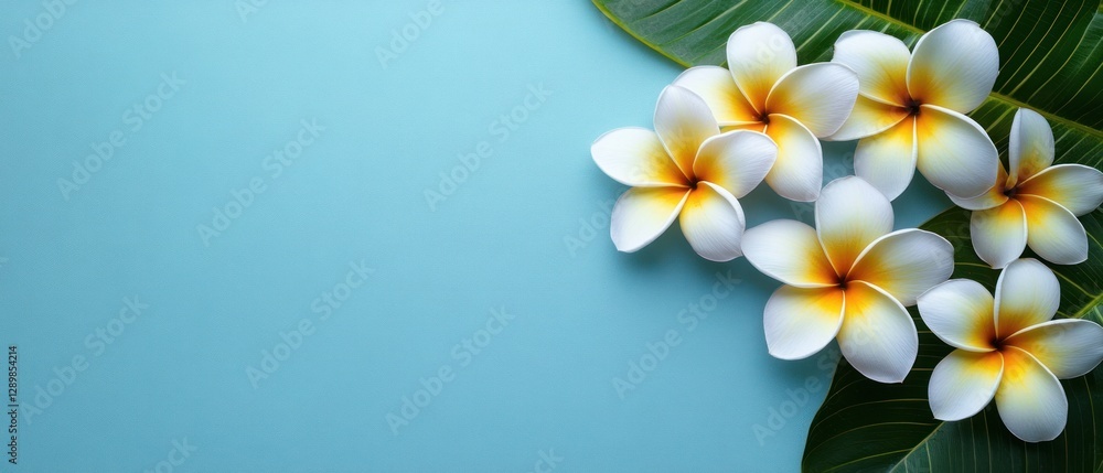 Fototapeta premium Tropical Plumeria Flowers and Palm Leaves on Soft Blue Background Flat Lay Perspective