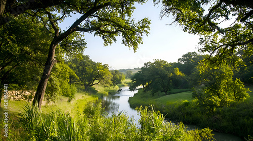 Serene River Landscape with Lush Green Trees and Sunlight