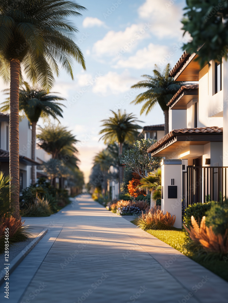 A luxury gated community with modern villas, palm tree-lined streets A luxury gated community with modern villas, palm tree-lined streets