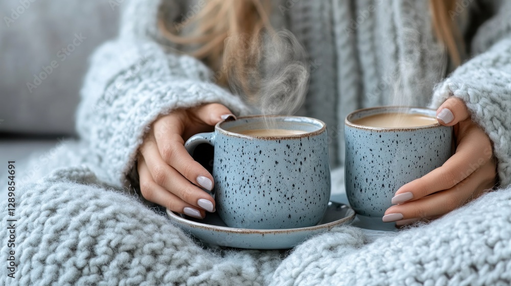 Cozy Winter Morning: Woman Enjoying Two Cups of Warm Coffee in a Knit Sweater Cozy Winter Morning: Woman Enjoying Two Cups of Warm Coffee in a Knit Sweater